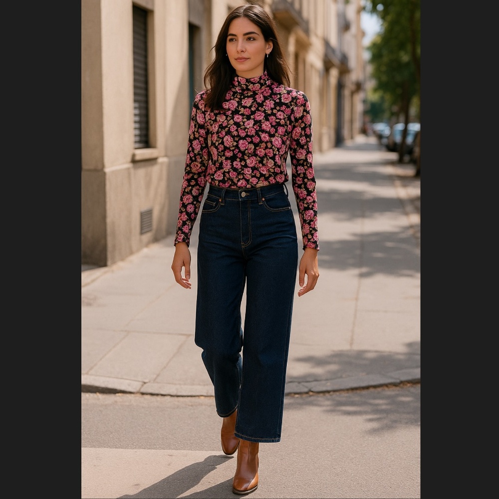 H&M Brown Floral Mock Turtle Neck with Tags
